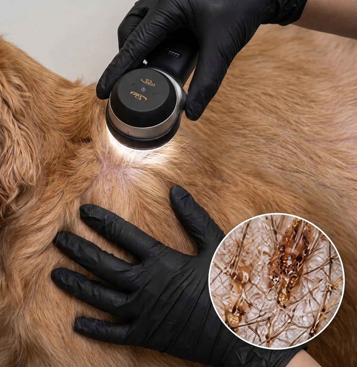 Dermatoscopio apoyado sobre el pelaje de un perro, con la imagen ampliada de la piel y el pelo