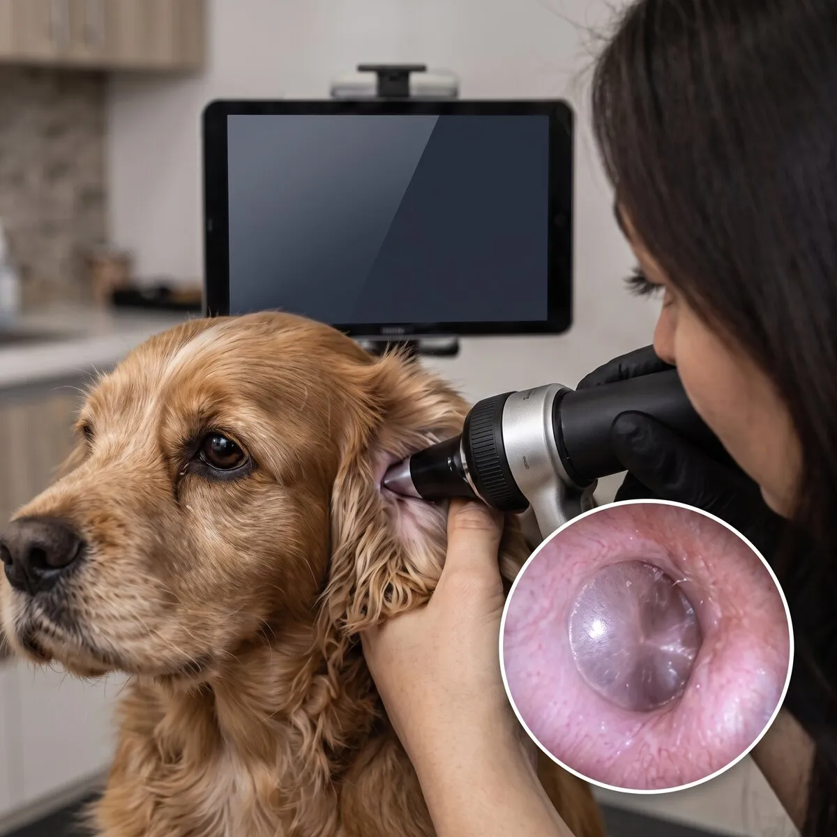 Video-otoscopia en un perro, con la imagen ampliada de la membrana timpánica